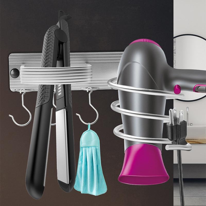 2020 New Aluminum DIY Hair Dryer Rack Wall Mounted Hairdryer Straightener Holder Set Bathroom Shelf for Washroom Supplies